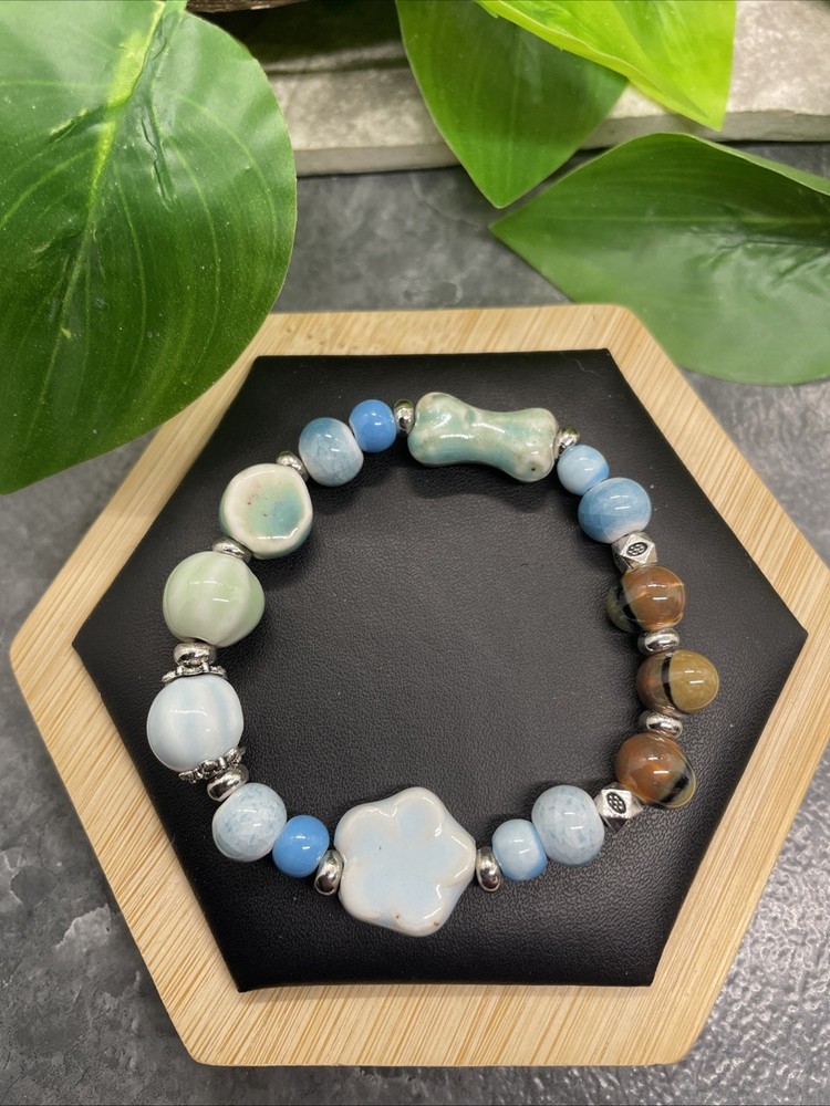 Handmade Ceramic Bead Beaded Stackable 6.25” Plus Stretch Bracelet New B321