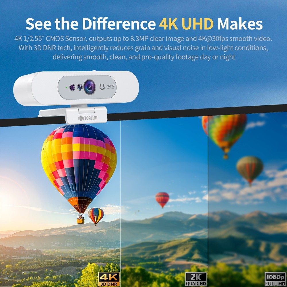 TOALLIN 4K UHD Webcam Windows Hello,Autofocus Web Camera w/ Privacy Shutter NEW