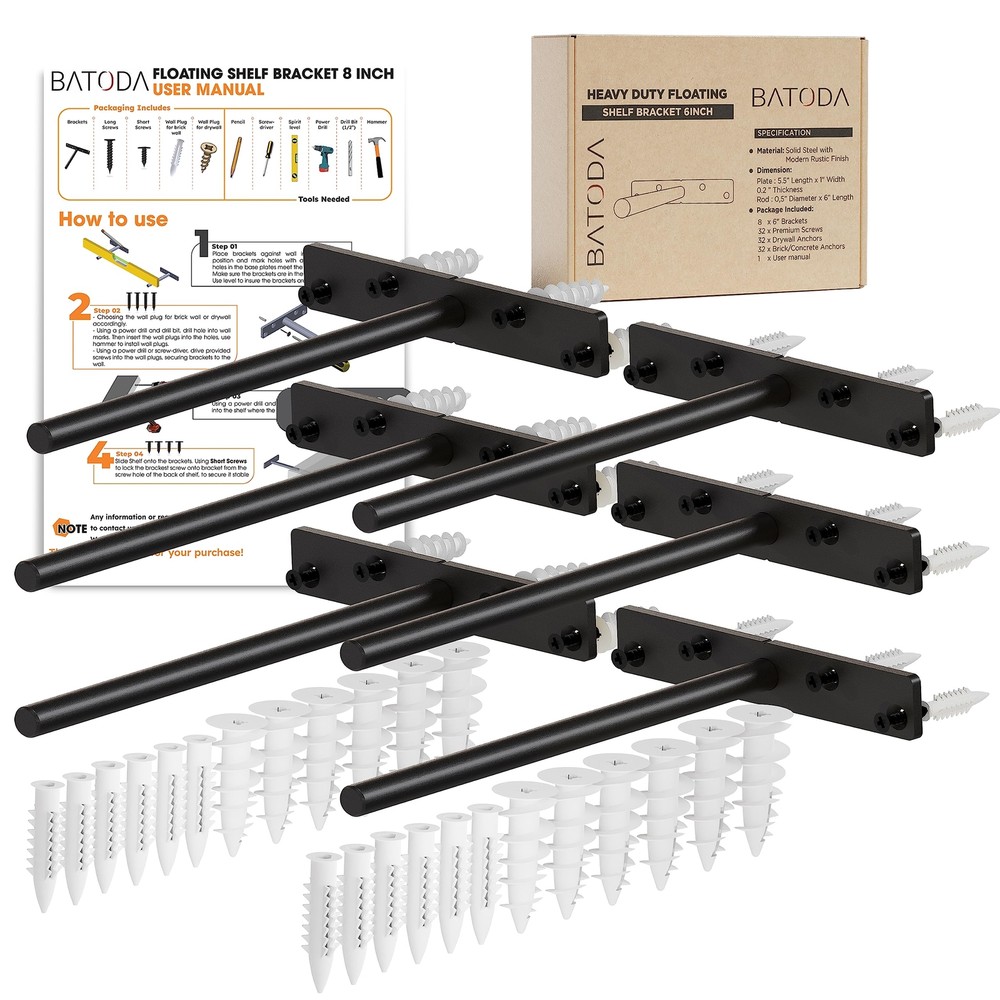 6 Pack 8" Heavy Duty Floating Shelf Bracket Solid Steel Blind Shelf Supports