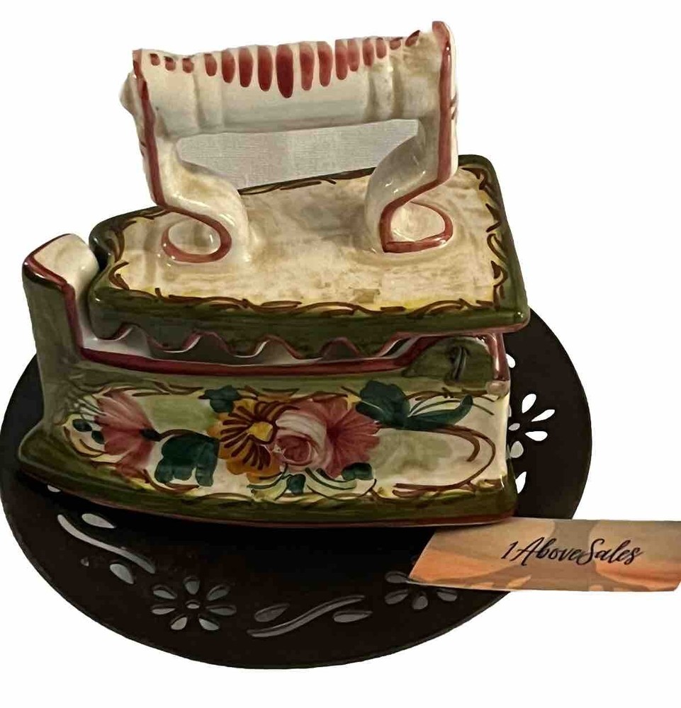 Ceramic Sad Iron Hand Painted Sewing Thread Box Very Good Condition!