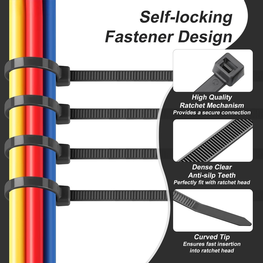 500 Pack Assorted Black Zip Ties – 4/6/8/10/12" Nylon Cable Ties (100 pcs Eac...
