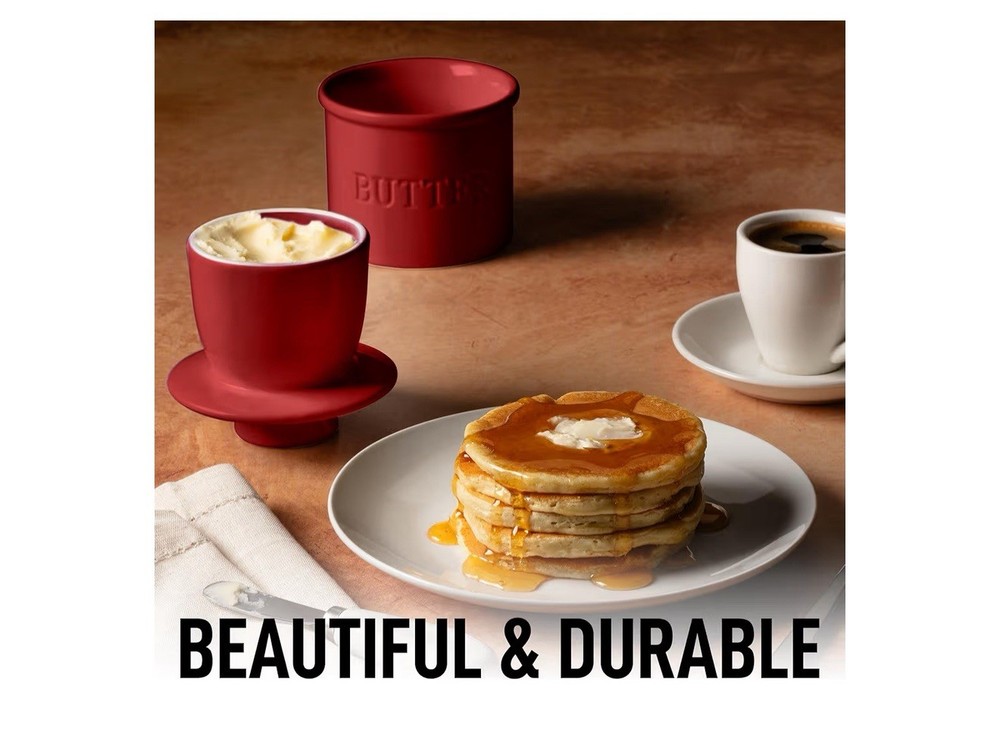 12 - Ceramic Butter Bell Red Glossy Modern Round with Lid & Spreader