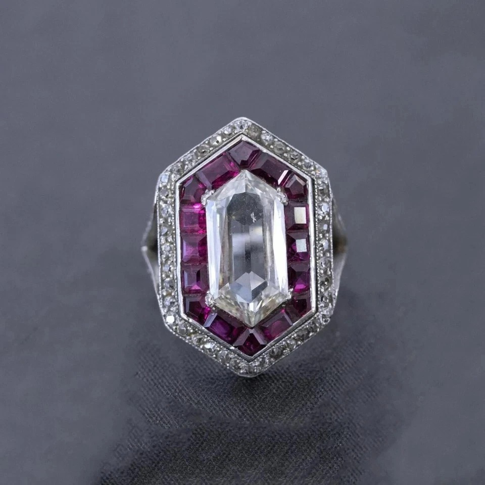 Art Deco Style Marquise Lab Created Diamond &Ruby 14K White Gold FN Wedding Ring
