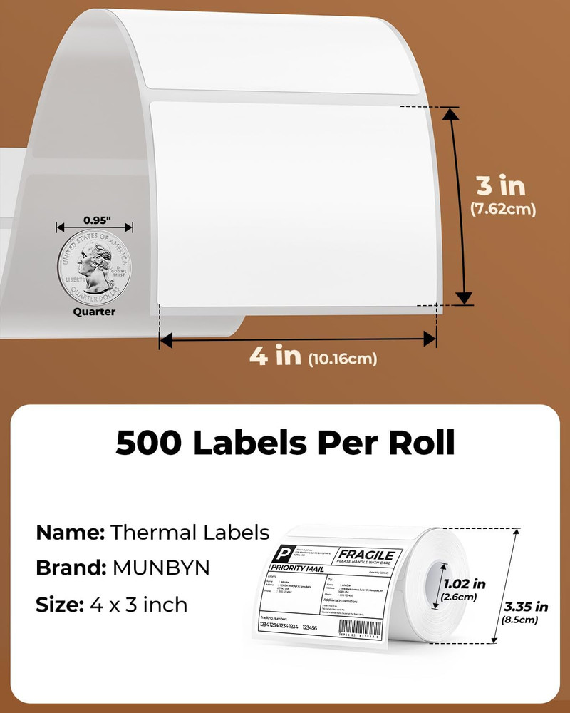 MUNBYN 4” X 3” Direct Thermal Labels, White Thermal Printer Stickers, Strong Adh