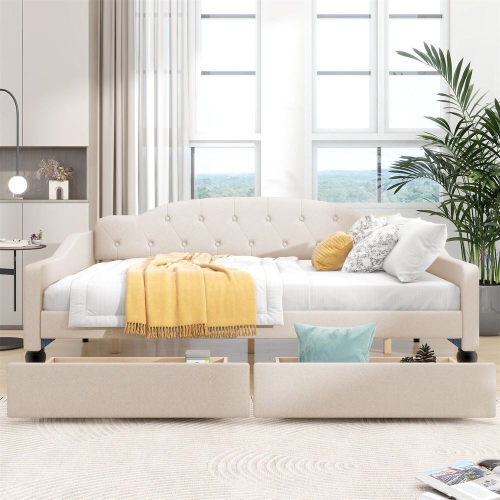 Full Size Daybed Upholstered Bed Frame Sofa Bed with 2 Storage Drawer Beige