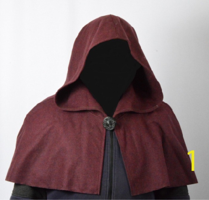 Medieval burgundy Viking wool hood.