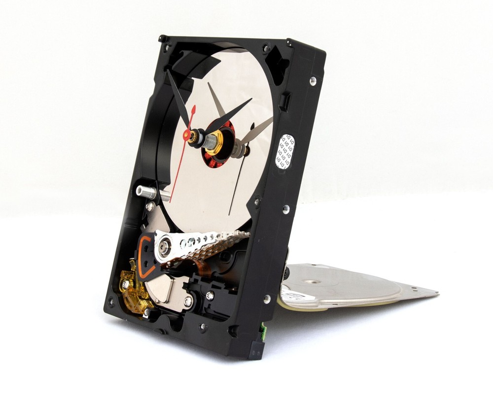 Recycled computer hard drive desk clock, Quartz, time, battery, upcycle, PC,