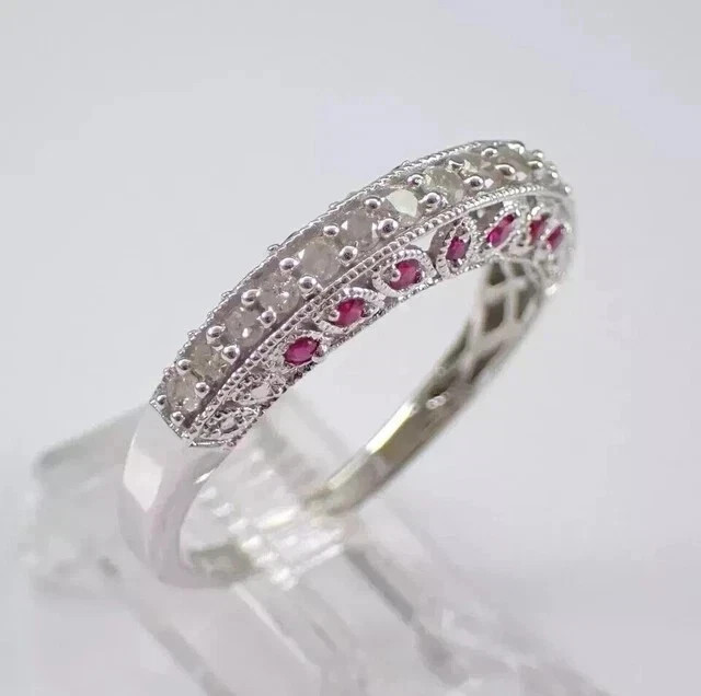 Round Cut Lab Created Ruby & Diamond Half Eternity Band Ring 14k White Gold Over