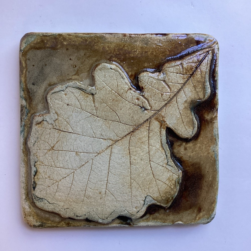 Studio Art Pottery Leaf Tile Raised Relief Signed Mondloch Rustic Glazed 5” Fall