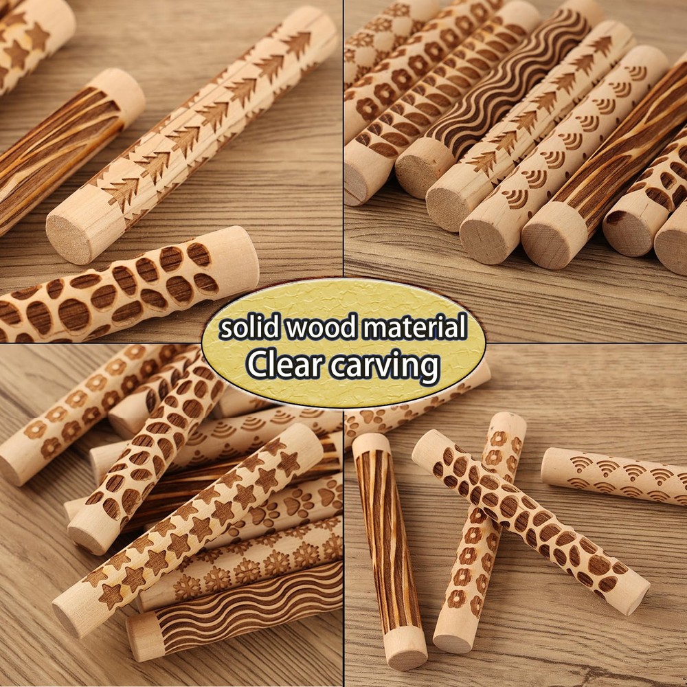 11-Pc Wood Texture Roller Set – Embossed Pattern Clay Rolling Pins & Carved S...