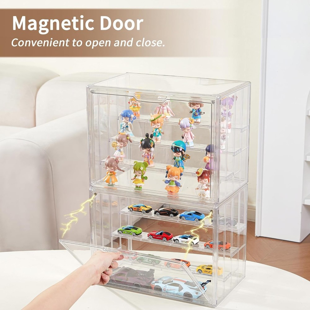 Adjustable Acrylic Display Case 3 Pack, 4-Layer, Magnetic Door, Stackable, Hobby