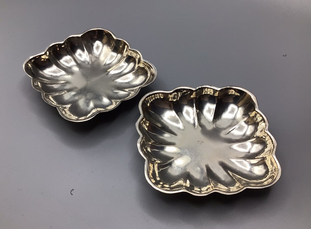 Vintage - Pair - Square, Shallow Footed Bowls - 900 Silver - 3.5”