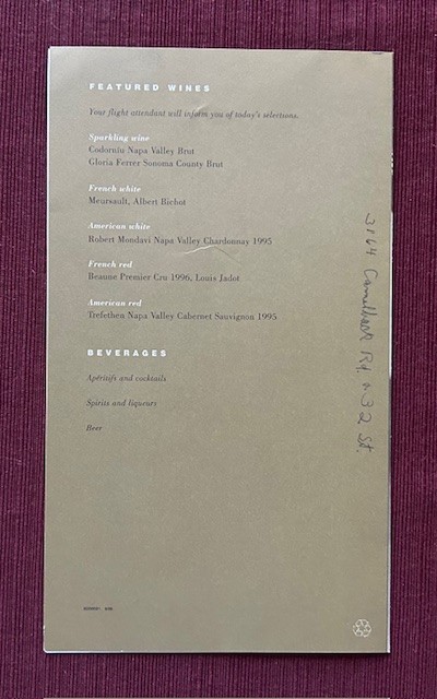 United Air Lines First Class Menu 1998