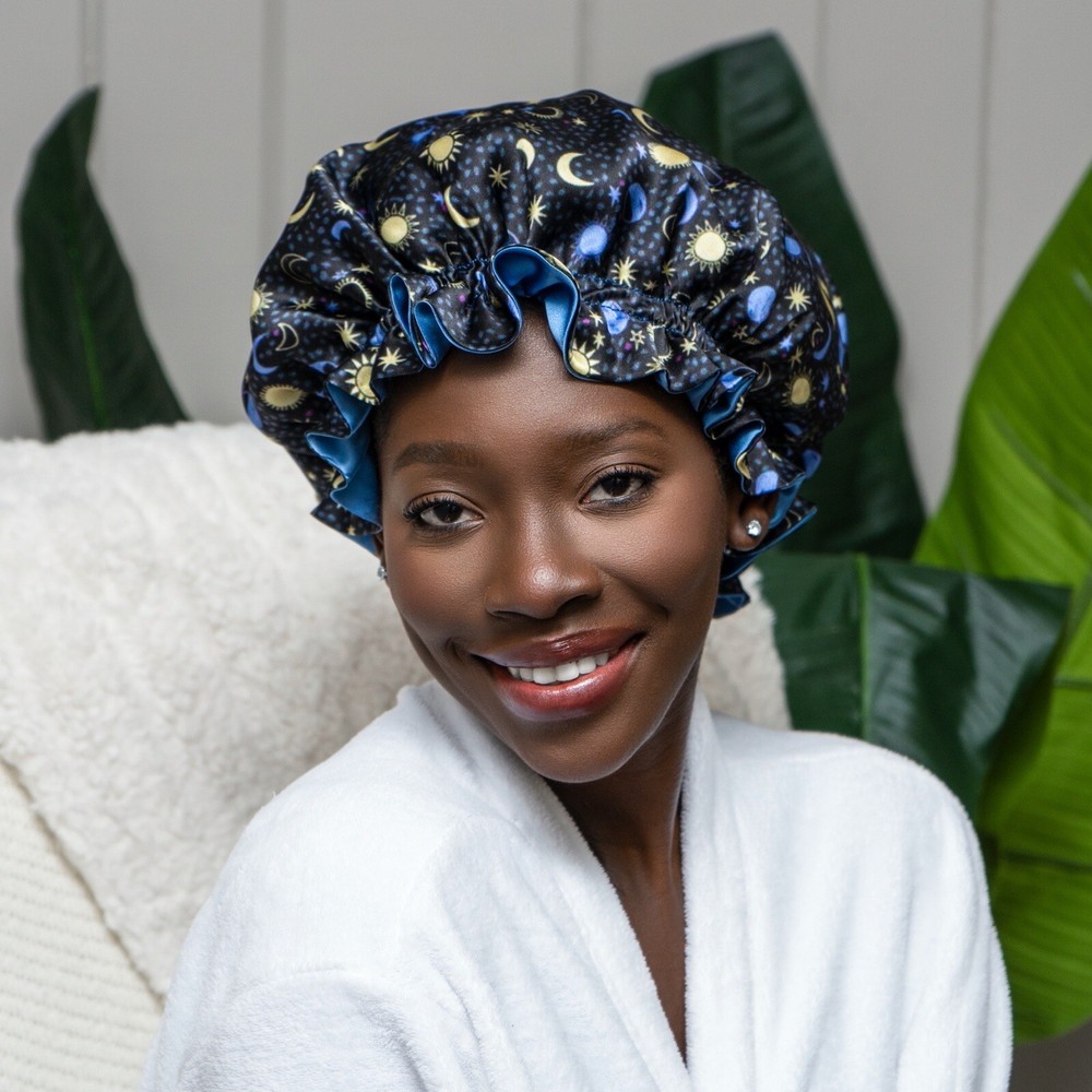 Reversible 100% pure silk bonnet Sun and moon print double layer sleeping cap