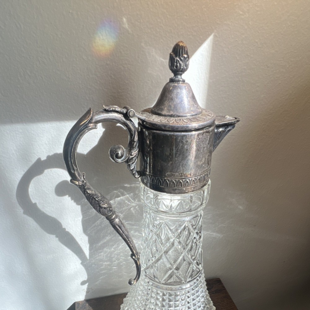 Italian Silverplate Cut Glass Lidded Pitcher Victorian Diamond Pattern