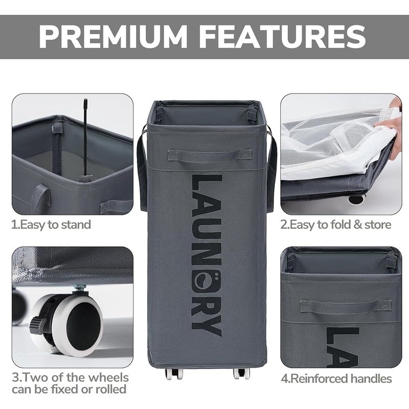 Lightweight Rolling Laundry Hamper W/ Removable Mesh Bag Sturdy Handle 4 Wheels