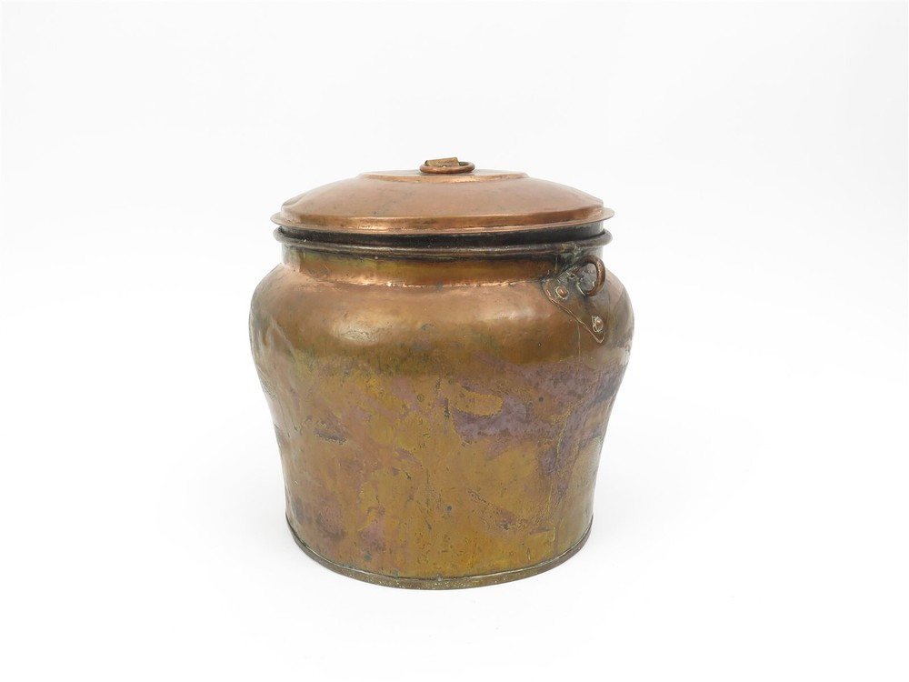 Antique Large Rustic Copper Lidded Cachepot Seed Pot Urn 12" x 11" tall