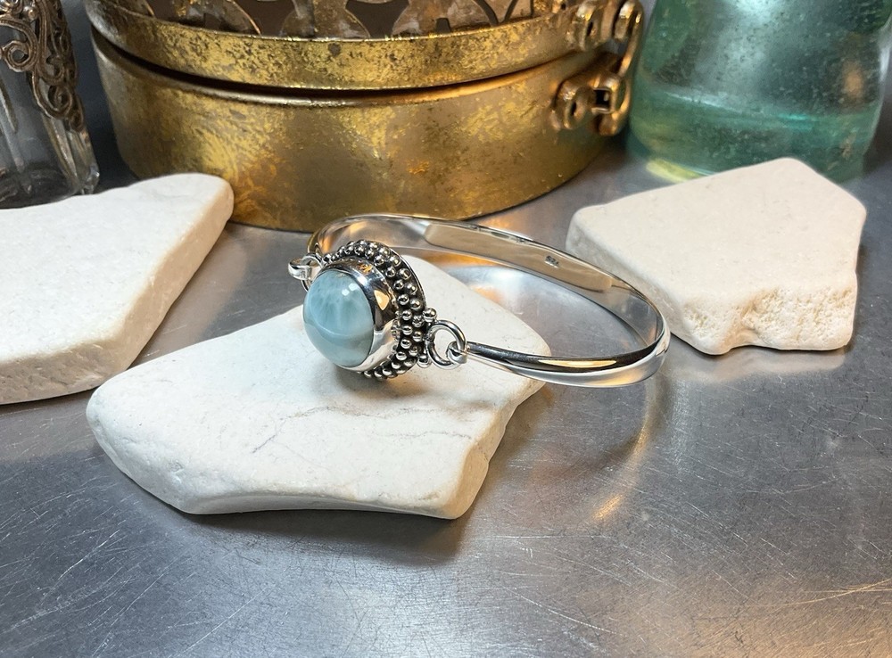 Genuine 925 Sterling Silver Larimar Gemstone Solid Clasp Bangle