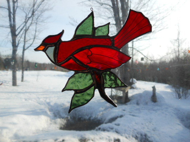 Cardinal/leaf stained glass suncatcher