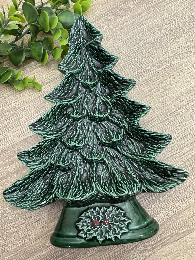 Vintage 9” Ceramic Hand Painted 3D Christmas Tree Shaped Dish Decor