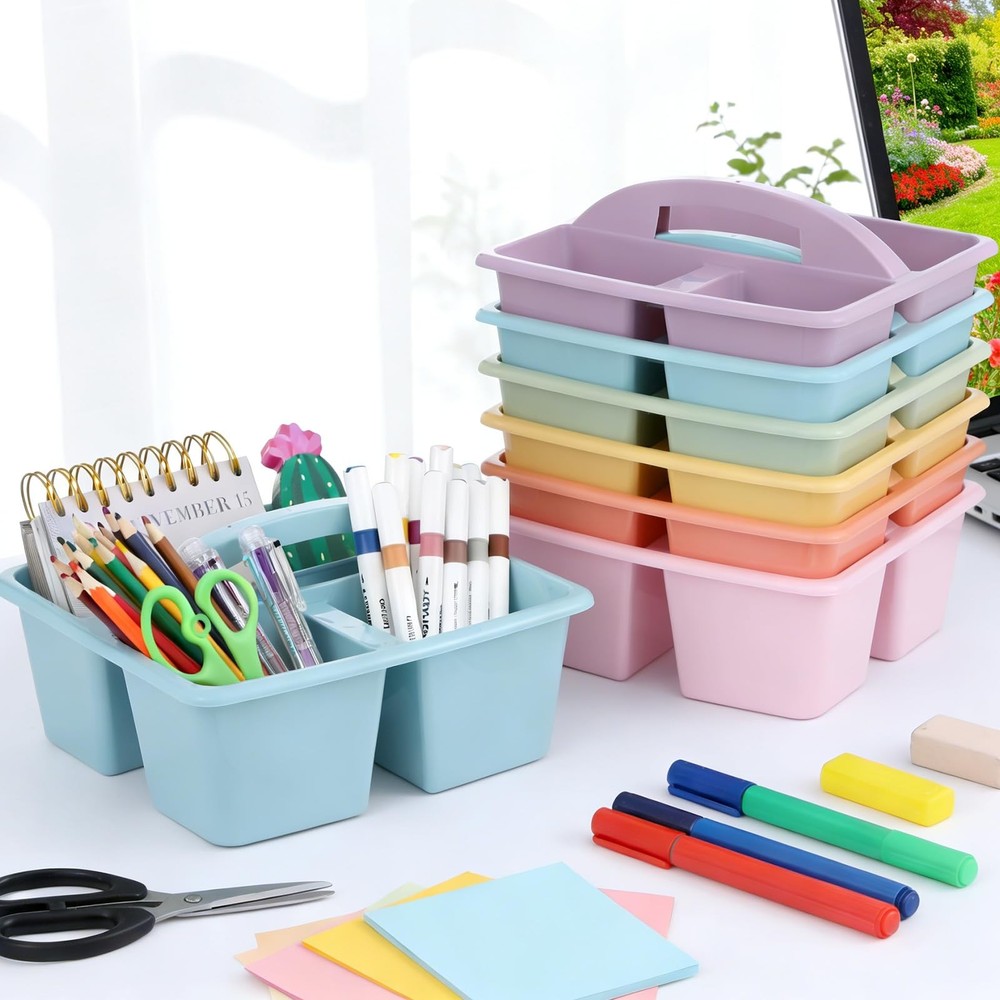 6 Pack Classroom Caddy with Handle Plastic Storage Caddy Organizer with 3 Com...