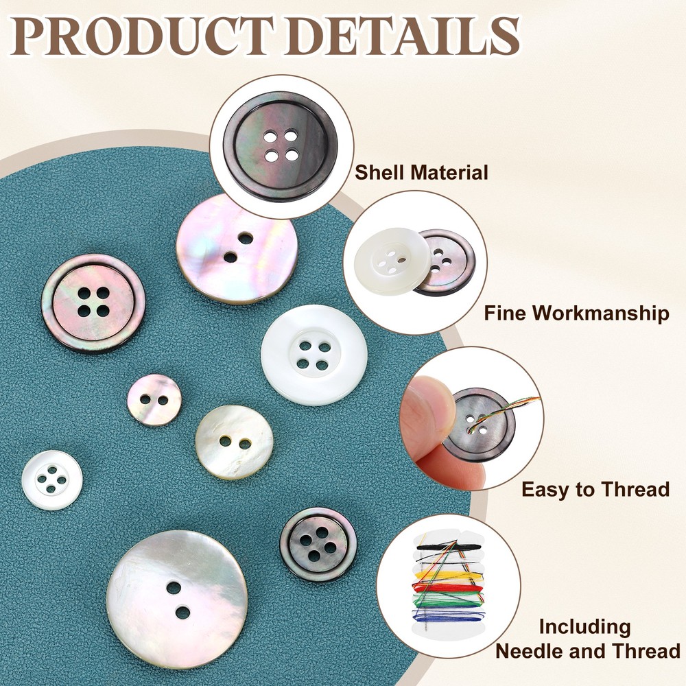7Pcs 4 Hole 20mm Natural Shell Button with Sewing Thread Kit, Black