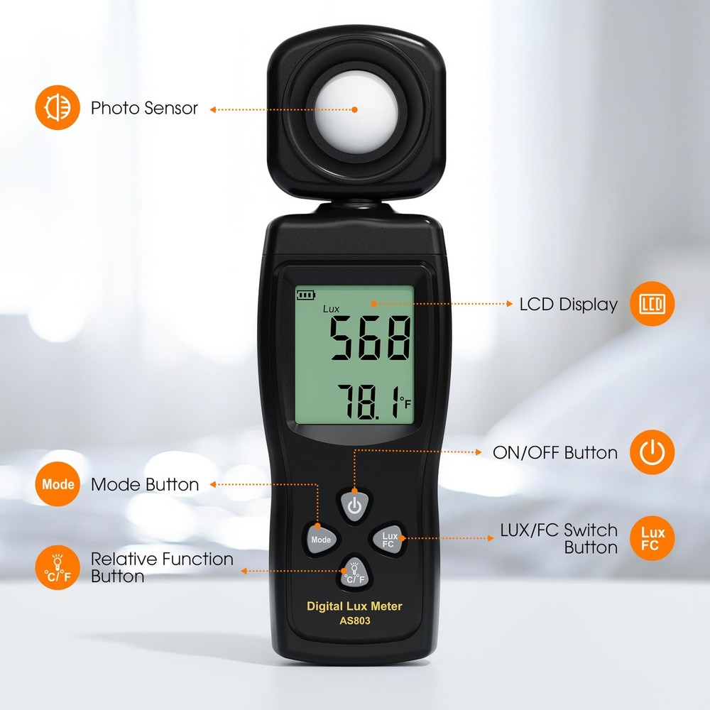 Digital Illuminance Light Meter, 0~200,000 Lux Range with 180º Rotating Senso...