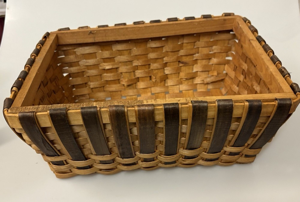 Vintage Woven Wood Sewing Basket Rectangular Craft Storage Organizer