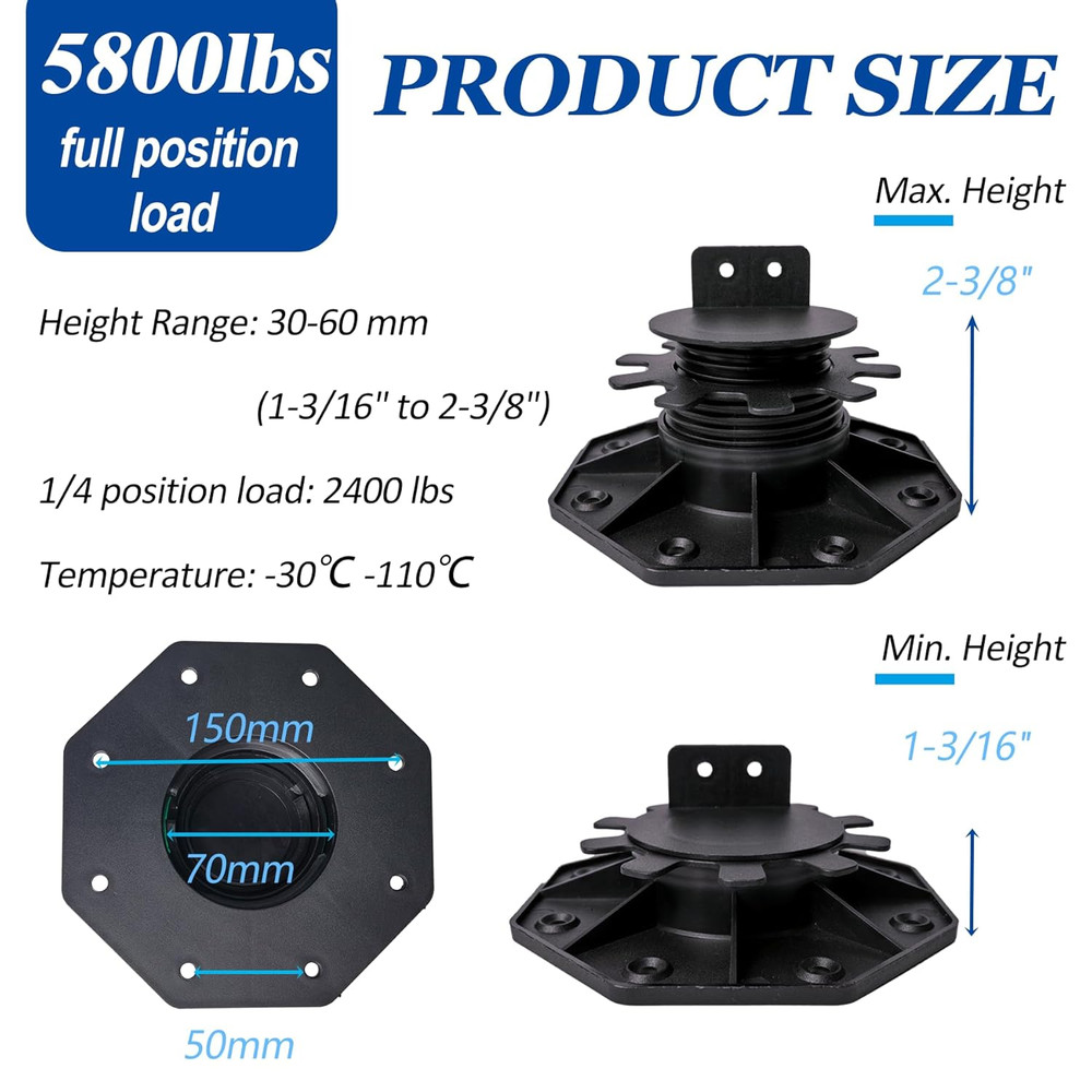30 PCS Adjustable Plastic Pedestal Paver, Heavy Duty Deck Blocks Foundation Base