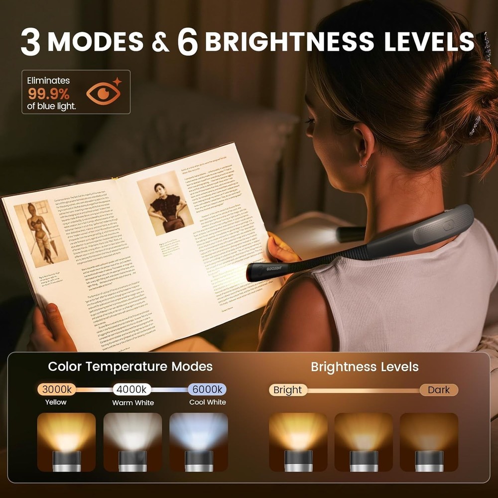 Book Light, 3-Color & 6-Brightness Reading Light, Bendable Neck Light, Lastin...
