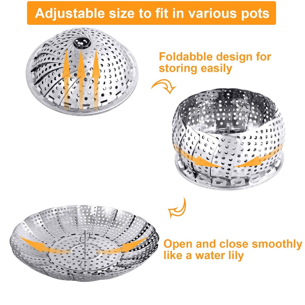 Veggie Vegetable Steamer Basket, Folding Medium: 5.9" to 9.8", Silver