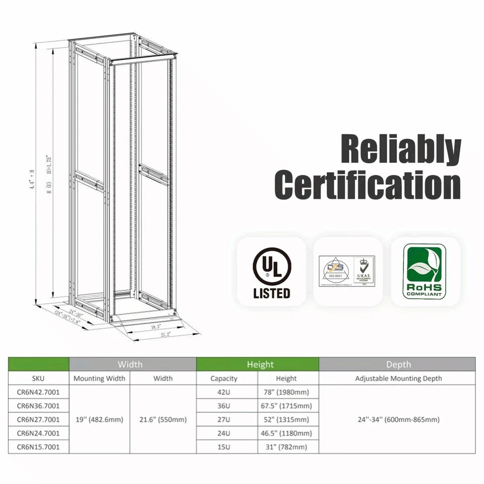 27U 4 Post Open Frame Server Network Data Rack Enclosure 19'' Adjustable Depth