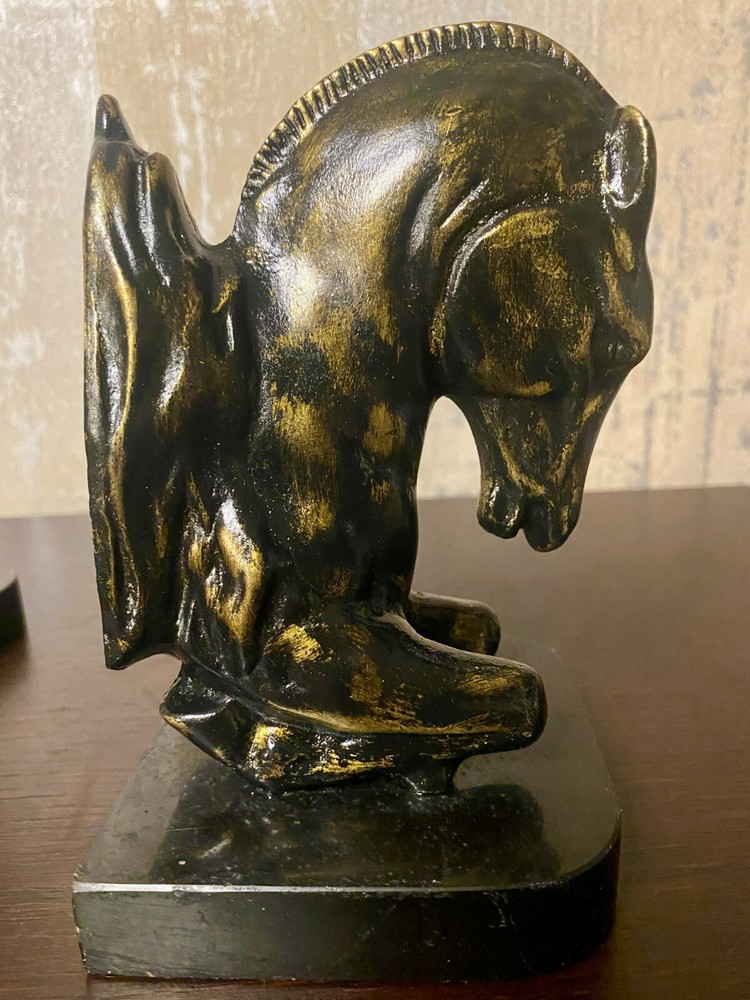 Pair Brass and Marble Horse Bookends