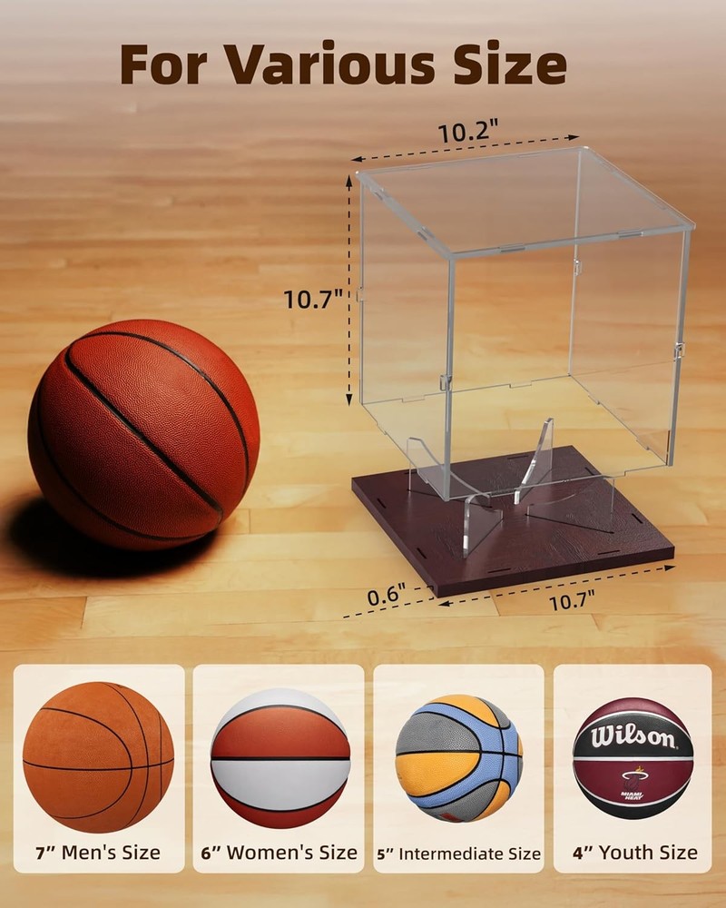 Basketball Display Case Acrylic Clear, UV Protected Stand Walnut
