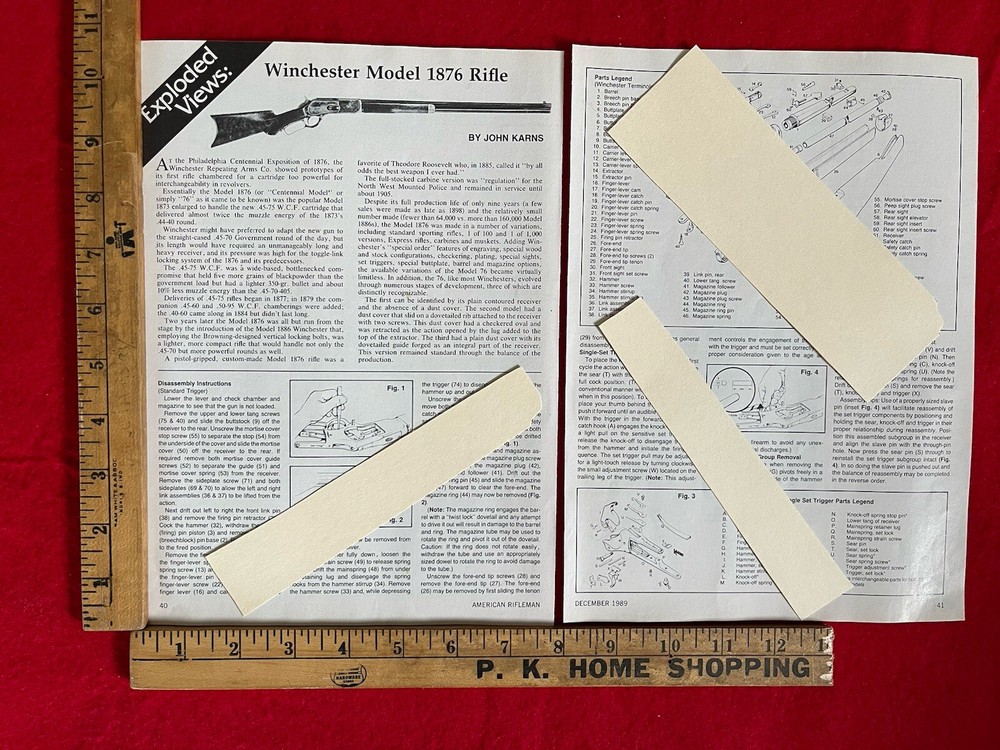 Winchester Model 1876 Rifle Magazine Article/Print Ad Exploded Views Disassembly