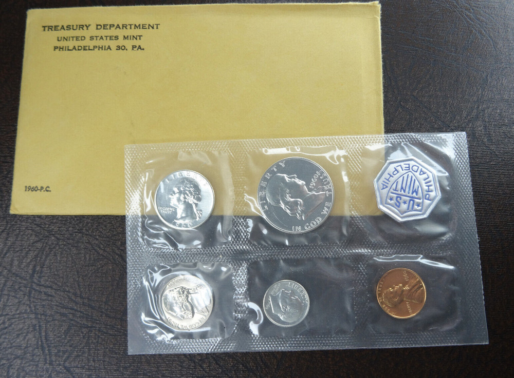 1960 US Mint Proof Set 5 Coins 90% Silver Original Envelope & Cello Flat Pack