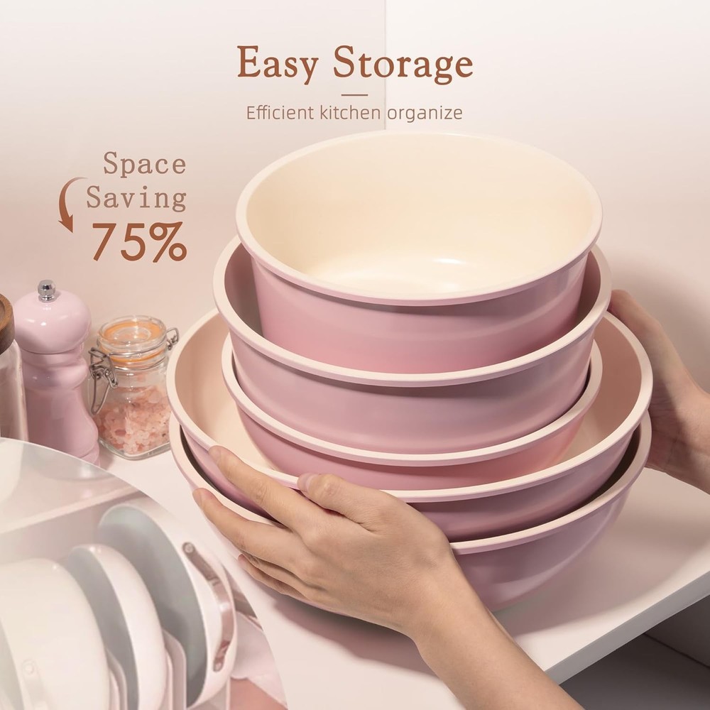 21Pc Nonstick Ceramic Cookware Set – Detachable Handle Stackable Pink