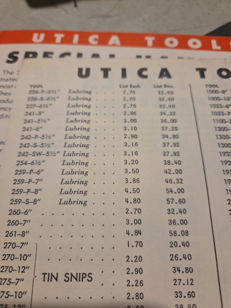 UTICA TOOLS CATALOG 63- D AUG 1950 FOR PLIERS