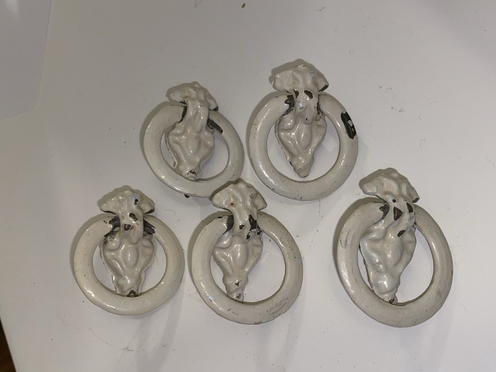 Set Of 5 Antique Ring Pulls With Ornate Backplates Painted White