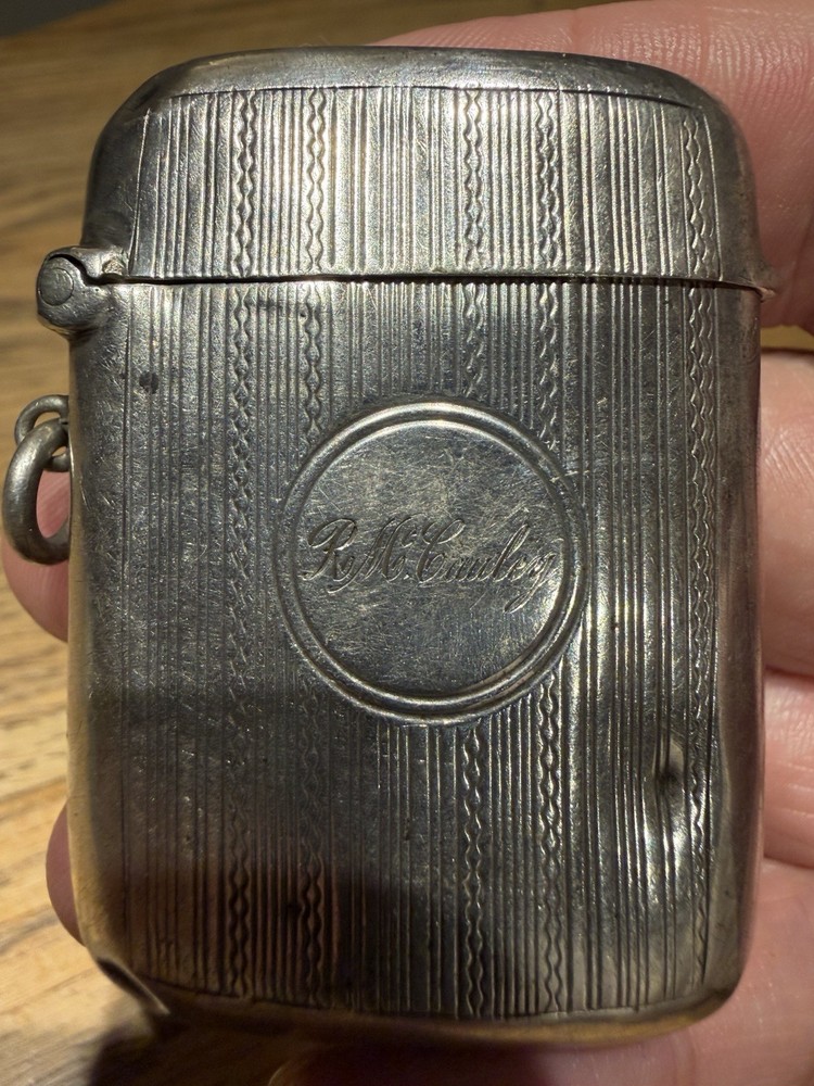 Edwardian Solid Silver Vesta Case Birmingham 1904 Engine Turned 38.5g Antique