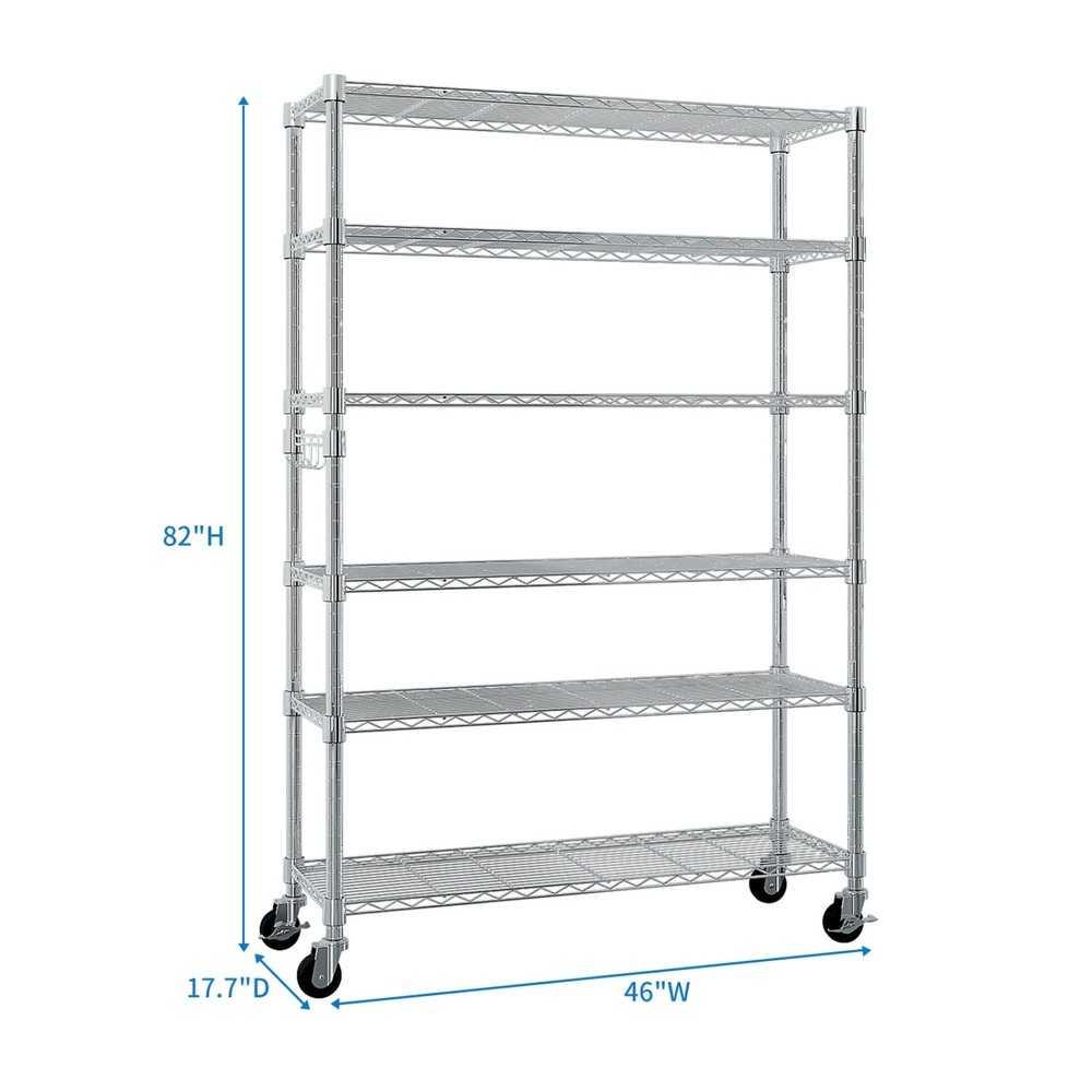 6-Tier Rolling Wire Shelving Unit - Heavy Duty, Adjustable, Silver & Hooks