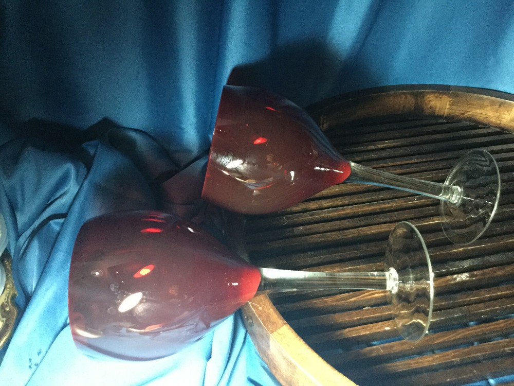 two ruby Red Clear stem handblown water wine goblets Glasses 9 3/4'' exc
