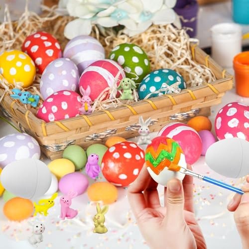 12 Pcs Paper Mache Easter Eggs with 12 Pcs Bunny, White Easter Craft Egg
