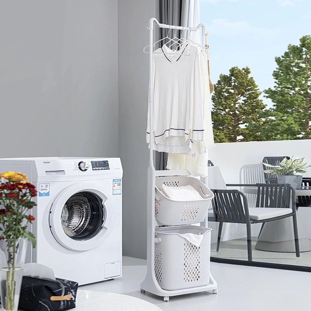 2-Tier Laundry Hamper Sorter with Hanging Bar, Rolling Laundry Baskets with Whee