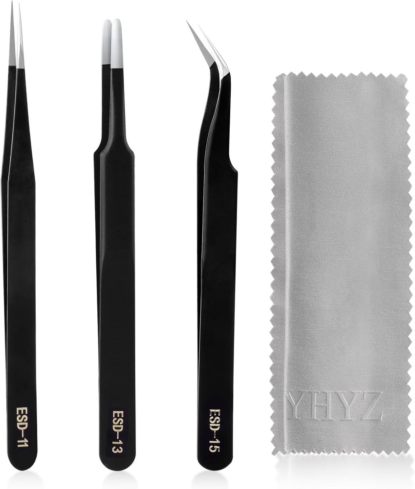 Anti-Static Precision Tweezers Set with Cleaning Cloth for Electronics & Crafts