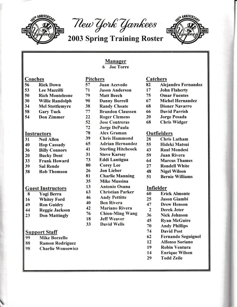 2003 New York Yankees Spring Training Magazine Program