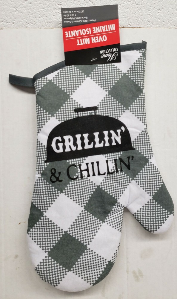 Kitchen Fabric 13" Oven Mitt, BBQ, GRILLIN' & CHILLIN', with gray back, GR
