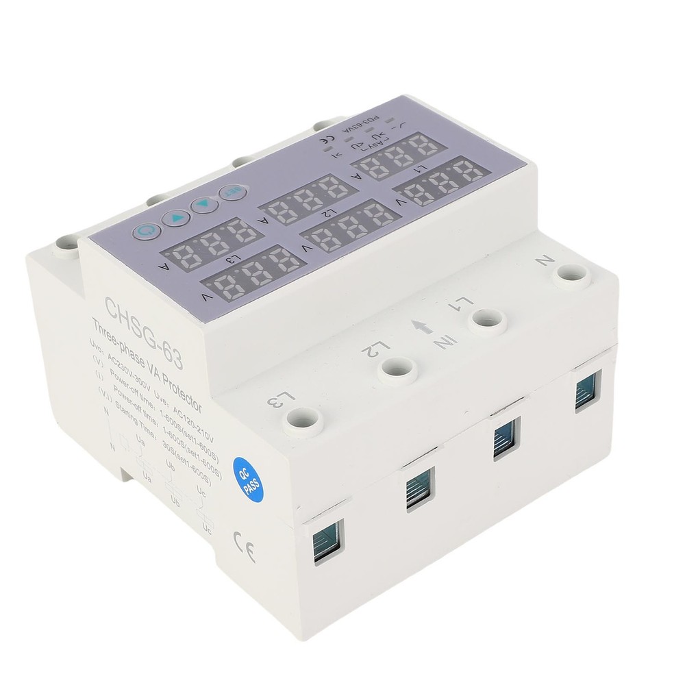 63A 3 Phase DIN Rail Voltmeter Ammeter Auto Overvoltage Overcurrent Protector AC