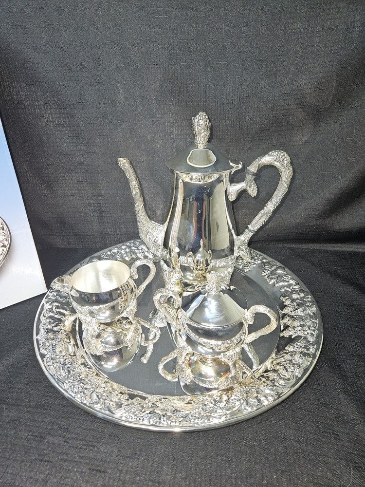 Nice Godinger Silver Plated 4 Piece Coffee Set With Elaborate Grape Design
