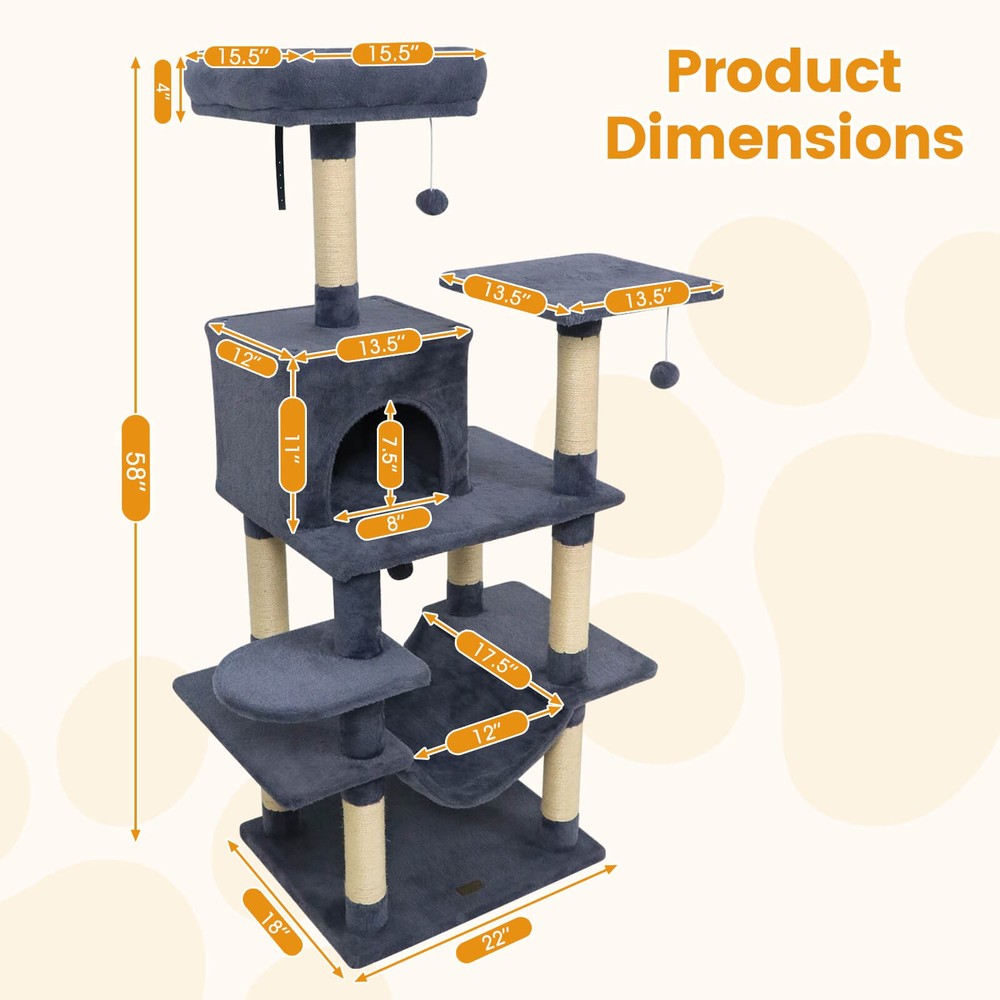 58” Tall Multi-level Cat Tree w/Upholstered Perch & Cat Condo, Comfy Hammock